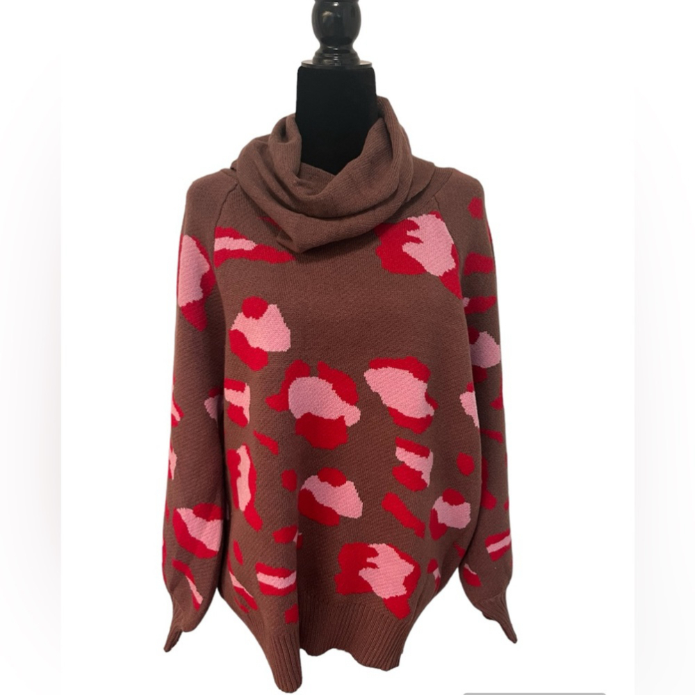 Suzanne Betro Animal Print Cowl Neck Sweater Size 1X 2X
